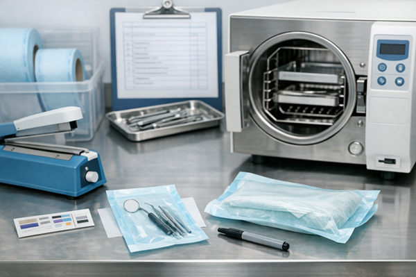 Dental sterilization workstation with tabletop autoclave, packaged instrument pouches, and sealing tools in a clean clinic setting